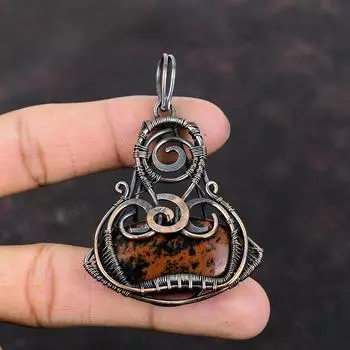 Подвеска из красного дерева и обсидиана, подвеска из медной проволоки с драгоценным камнем, антикварная медная бижутерия, подвеска ручной работы, ювелирное изделие с проволочной оберткой, подарок на годовщину