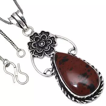 Подвеска из красного дерева, обсидиана, драгоценного камня, ручная работа, старинное серебряное украшение 2,5 дюйма