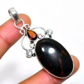 Подвеска из красного дерева, обсидиана, дымчатого топаза, посеребренная 925 проба, 2,27 дюйма 2.27 коричневый