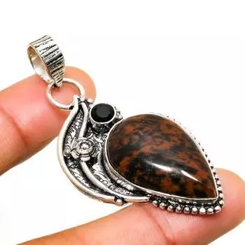 Подвеска из красного дерева, обсидиана и черной шпинели, посеребренная 925 пробы, 2,27 дюйма 2.27 коричневый