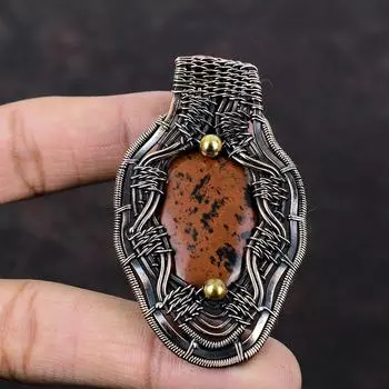 Подвеска из красного дерева с обсидианом, медная проволока, кулон ручной работы, изысканный кулон с драгоценным камнем, медная проволока, ювелирные изделия, кулон в этническом стиле, подарок для мамы