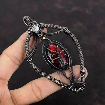 Подвеска из красного огненного лабрадорита «Дерево жизни», обернутая медной проволокой, радужный лунный камень, драгоценный камень, кулон ручной работы, украшение для подарка