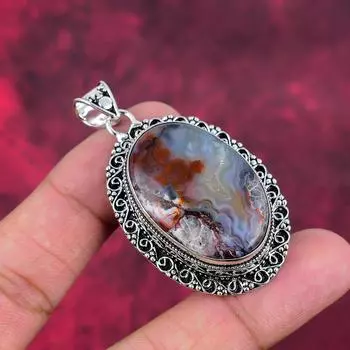 Подвеска из кружевного агата Laguna, ювелирные изделия из драгоценных камней, подвеска из стерлингового серебра 925 пробы, подарок для женщин, подвеска ручной работы 2.40 Inches красный