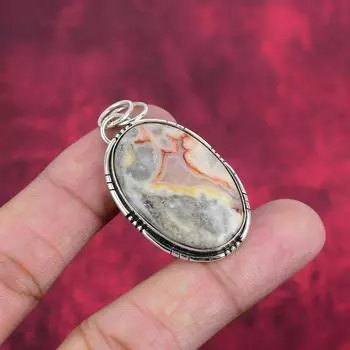 Подвеска из кружевного агата Laguna, ювелирные изделия из драгоценных камней, подвеска из стерлингового серебра 925 пробы, подарок для женщин, подвеска ручной работы 1.77 Inches жёлтый