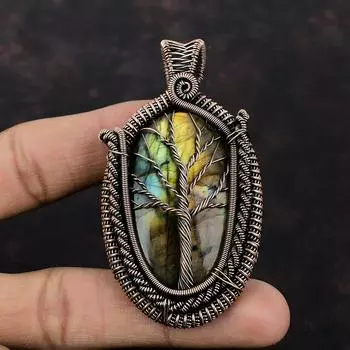 Подвеска из лабрадорита «Дерево жизни», обернутая медной проволокой, оригинальный кулон из драгоценных камней, ювелирные изделия из меди ручной работы, ювелирные изделия из дерева жизни для подарка