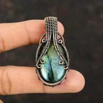 Подвеска из лабрадорита, медная проволока, кулон, кулон ручной работы, ювелирные изделия из драгоценных камней, подарок на день рождения для нее, медные украшения, ювелирные изделия из лабрадорита