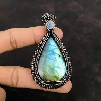 Подвеска из лабрадорита, медная проволока, обернутая драгоценным камнем, подвеска из радужного лунного камня, медное ювелирное украшение, подарок для нее, ювелирные изделия из лабрадорита ручной работы