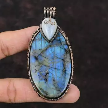 Подвеска из лабрадорита Медная проволока Обернутая подвеска Радуга Ювелирные изделия из лунного камня Подвеска из натурального драгоценного камня Дизайнерская подвеска Медные украшения ручной работы