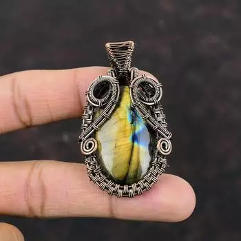 Подвеска из лабрадорита, обернутая медной проволокой, ювелирное изделие из драгоценного камня лабрадорита, дизайнерская подвеска ручной работы, обернутая медной проволокой, подарок для него