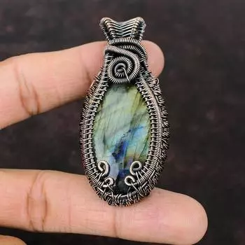 Подвеска из лабрадорита, обернутая проволокой, подвеска из драгоценного камня, медная подвеска, уникальная подвеска из лабрадорита, обернутая в подарочную оболочку, медная подвеска ручной работы