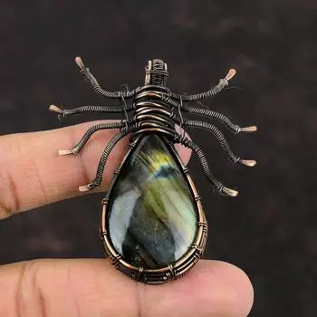 Подвеска из лабрадорита, подвеска из медной проволоки, подвеска из натурального драгоценного камня, антикварная медная бижутерия, подвеска в виде паука, ювелирное изделие ручной работы, подарок для нее