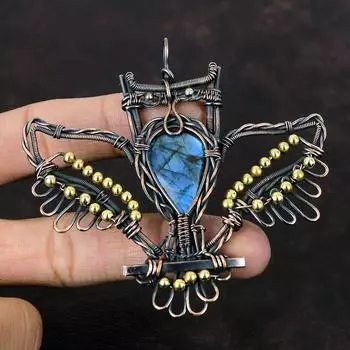 Подвеска из лабрадорита, подвеска из медной проволоки, уникальная подвеска в виде совы, изящная подвеска ручной работы, подвеска из медной проволоки, ювелирное изделие из драгоценных камней, подарок для мамы