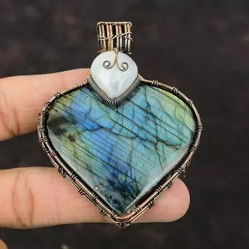 Подвеска из лабрадорита, подвеска из радужного лунного камня, подвеска из медной проволоки, медные украшения, ручная работа, подвеска из драгоценных камней, ювелирные изделия для подарка