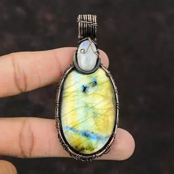 Подвеска из лабрадорита, подвеска из радужного лунного камня, подвеска из медной проволоки, подвеска ручной работы, ювелирные изделия из драгоценных камней, подарок для матери, медные украшения