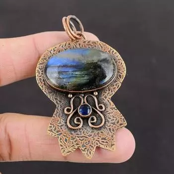 Подвеска из лабрадорита, подвеска из танзанита и кварца, подвеска из меди, подвеска из драгоценного камня ручной работы, антикварные ювелирные изделия, подарок для мамы, медные украшения для женщин