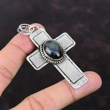 Подвеска из лабрадорита Подвеска-крест ручной работы Подвеска из настоящего драгоценного камня Подвеска из стерлингового серебра 925 пробы Ювелирные изделия из лабрадорита Этническая подвеска Подарок для нее