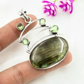 Подвеска из лабрадорита, зеленого аметиста, из стерлингового серебра 925 пробы, старинные ювелирные изделия ручной работы, подарок на День матери 2.48 Inches зелёный