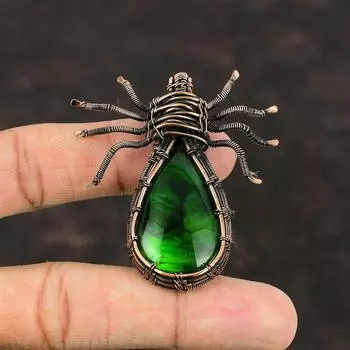 Подвеска из лабрадорита зеленого огня, медная проволока, кулон с драгоценным камнем, медные дизайнерские украшения для подарка, подвеска-паук ручной работы, антикварные ювелирные изделия