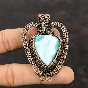 Подвеска из ларимара, кулон из медной проволоки, кулон с драгоценным камнем, ювелирные изделия из медной проволоки, кулон ручной работы, натуральный ларимар, ювелирные изделия, подарок для него