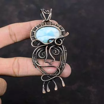 Подвеска из ларимара, медная проволочная обертка, медные украшения, подвеска ручной работы, проволочная обертка, ювелирные изделия из ларимара, изящная подвеска из драгоценного камня, подарок для женщин