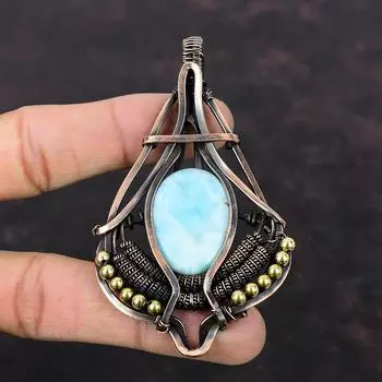 Подвеска из ларимара, медная проволочная обертка, подвеска из драгоценного камня, уникальное медное ювелирное изделие, дизайнерский кулон ручной работы, ювелирное изделие из ларимара, подарок для матери