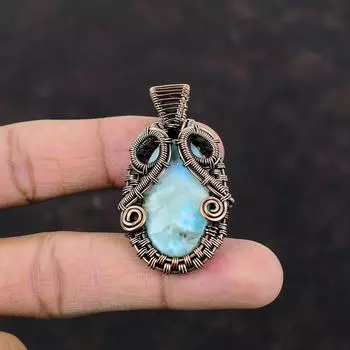 Подвеска из ларимара, обернутая медной проволокой, ювелирное изделие ручной работы из ларимара, этническая подвеска, обернутая медной проволокой, ювелирное изделие из драгоценных камней, кулон в подарок для него