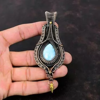 Подвеска из ларимара, ювелирные изделия из медной проволоки, кулон с камнем ручной работы, ювелирные изделия из Ларимара, стильный кулон, драгоценный камень, медные украшения, подарок для него