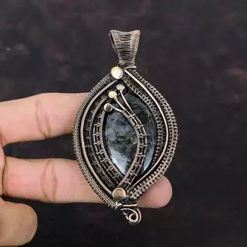 Подвеска из ларвикита, медная проволочная обертка, ювелирное изделие ручной работы, подвеска из натурального драгоценного камня, ларвикит, медная бижутерия, подарок для него, изящная подвеска