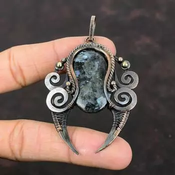 Подвеска из ларвикита, медная проволочная обертка, ювелирное изделие ручной работы, подвеска из драгоценного камня, ларвикитовая бижутерия, медная подвеска, подарок для женщин, проволочная обертка