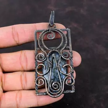 Подвеска из ларвикита, ювелирные изделия из медной проволоки, дизайнерский кулон ручной работы, ювелирные изделия из драгоценных камней из ларвикита, подарок на годовщину, кулон из медной проволоки, подвеска из медной проволоки