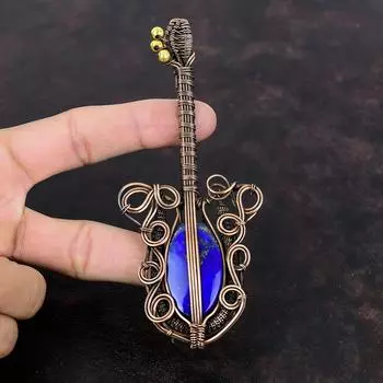 Подвеска из лазурита, подвеска из медной проволоки, подвеска ручной работы, подвеска из натурального драгоценного камня, красивая медная бижутерия, подвеска в виде гитары для подарка