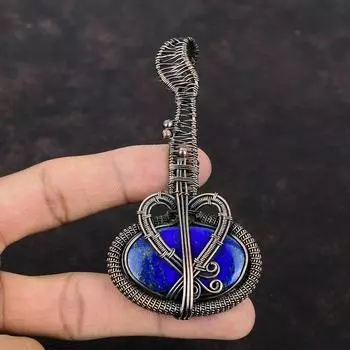 Подвеска из лазурита, подвеска из медной проволоки, подвеска ручной работы, подвеска-гитара для подарка, подвеска из натурального драгоценного камня, ювелирные изделия из медной проволоки