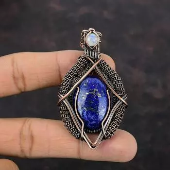 Подвеска из лазурита, подвеска из радужного лунного камня, подвеска из медной проволоки, ручная работа, ювелирные изделия из медной проволоки, подарок для мамы, ювелирные изделия из драгоценных камней