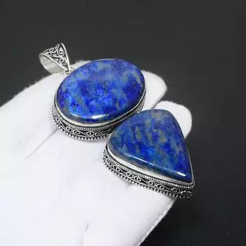 Подвеска из лазурита, стерлинговое серебро 925 пробы, подвеска из настоящего драгоценного камня, антикварная подвеска ручной работы с двойным лазуритом, ювелирные изделия, подарок на день Святого Валентина 2.75 синий