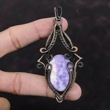 Подвеска из лепидолита, обернутая медной проволокой, дизайнерская подвеска с драгоценными камнями, подарок на помолвку, медные украшения, антикварная подвеска ручной работы