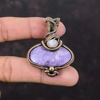 Подвеска из лепидолита, подвеска из медной проволоки, радужная подвеска из лунного камня, подвеска из настоящего драгоценного камня, подарок для мамы, подвеска из меди ручной работы