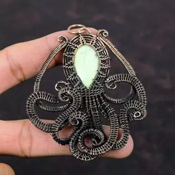 Подвеска из лимонного хризопраза, медная проволочная обертка, подвеска из драгоценных камней ручной работы, проволочная обертка, ювелирное изделие, подвеска в виде осьминога, медные украшения для подарка