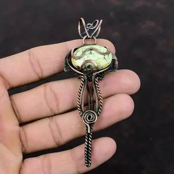 Подвеска из лимонного хризопраза, медная проволочная обертка, подвеска с драгоценным камнем, медные украшения, уникальная подвеска ручной работы, проволочная обертка, свадебный подарок