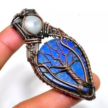 Подвеска из ляпис-лазури с радужным лунным камнем 925 пробы, посеребренная, 2,65 дюйма 2.65 синий