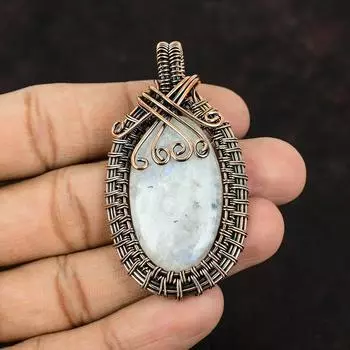 Подвеска из лунного камня, медная проволочная обертка, медные украшения, радужные украшения из лунного камня, подвеска ручной работы из драгоценного камня, проволочная подвеска, подарок для нее