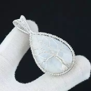 Подвеска из лунного камня Натуральный драгоценный камень Подвеска из стерлингового серебра 925 пробы ручной работы, ювелирные изделия из проволочной обмотки, подвеска из проволочной обмотки Ювелирные изделия Древо жизни 2.16 белый
