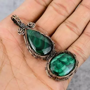 Подвеска из малахитового камня, подвеска из медной проволоки, подвеска из малахита, дизайнерская подвеска из меди, подарок для нее, ювелирные изделия из малахита зелёный