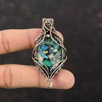 Подвеска из меди, азурита и малахита, подвеска из медной проволоки, медные украшения, подвеска из настоящего драгоценного камня, подарок для нее, ювелирные изделия ручной работы, обмотанные проволокой