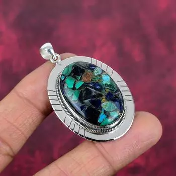 Подвеска из меди и малахита, серебряная подвеска 925 пробы с драгоценными камнями, изумительная подвеска ручной работы, подарок для нее 2.08 Inches зелёный