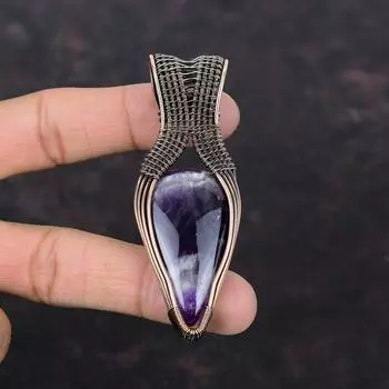 Подвеска из меди с аметистом и шевроном, обернутая медной проволокой, оригинальная подвеска из драгоценных камней, подвеска из медной проволоки, ювелирное изделие ручной работы, подарок на годовщину