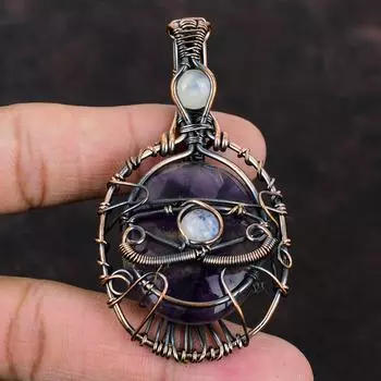 Подвеска из меди с аметистом и звездой «злой глаз», подвеска из проволоки, подвеска ручной работы из драгоценных камней, дизайнерские украшения из меди для подарка, подвеска из лунного камня
