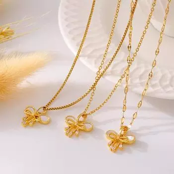 Подвеска из меди с кисточкой в виде ракушки с двойным бантом, дизайн «Сказка», титановая сталь, покрытая 18-каратным настоящим золотом, на ключицу