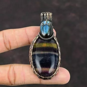 Подвеска из меди с мультифлюоритом, подвеска с проволочной обмоткой, ювелирные изделия из натурального драгоценного камня, подвеска из лабрадорита, медная подвеска ручной работы, подарок для нее