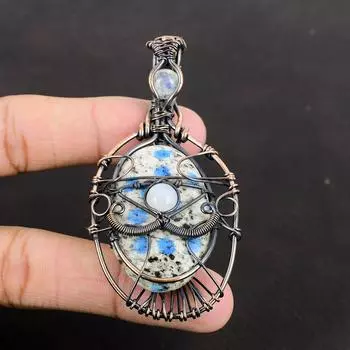 Подвеска из меди с яшмой K2 от сглаза, подвеска из медной проволоки, изящный кулон из драгоценного камня, подарок для нее, подвеска из лунного камня, ювелирные изделия ручной работы из меди