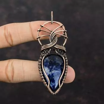 Подвеска из меди с содалитом, подвеска в виде проволоки, ручная работа, медные украшения, изящная подвеска из драгоценных камней, подвеска в виде проволоки, подарок для него, ювелирные изделия из содалита